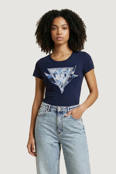 Guess Short Sleeve Crew Neck Feathered Triangle Women's Navy Blue T-Shirt W6G...