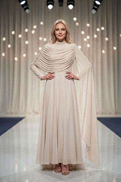 hakimoda Peri̇zade Chiffon Evening Dress Stone Color