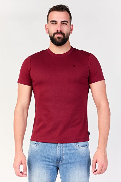 Tommy Hilfiger Men Crew Neck Short Sleeve Embroidered Logo T-Shirt, Maroon