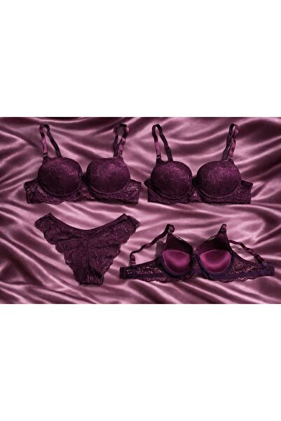 SOLENIA DANTELLİ DÜZ ASKILI YOĞUN DOLGULU PUSH UP BALKONET SÜTYEN KÜLOT TAKIMI