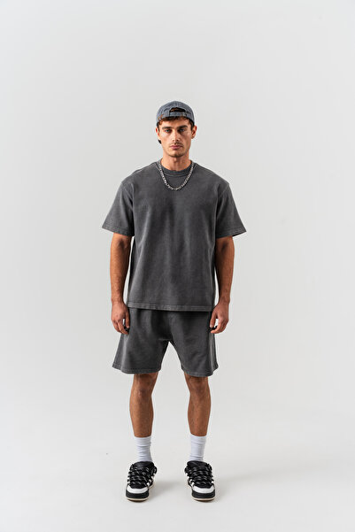 Erkek %95 Pamuk %5 Elastan Yıkamalı Oversize T-shirt ve Şort Takımı