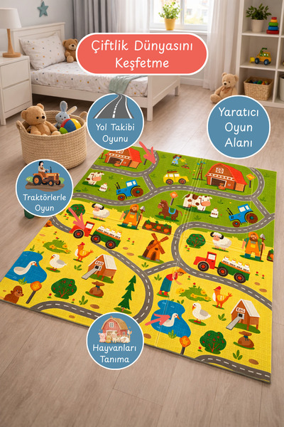 ESTİ Çift Taraflı Çocuk Oyun Matı – Öğretici Tasarım & Çiftlik Dünyası Katlan...