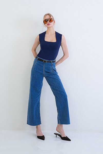 Trend Alaçatı Stili Γυναικείο Μπλε Παντελόνι Φλετό Με τσέπες ελαστικό ύφασμα ...