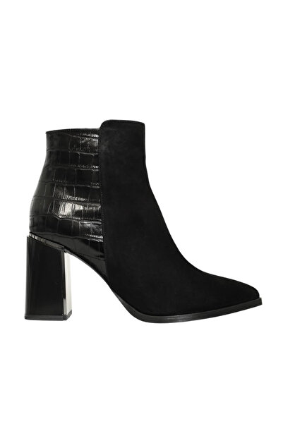 Platin Black Suede Leather Women's Heeled Boots
