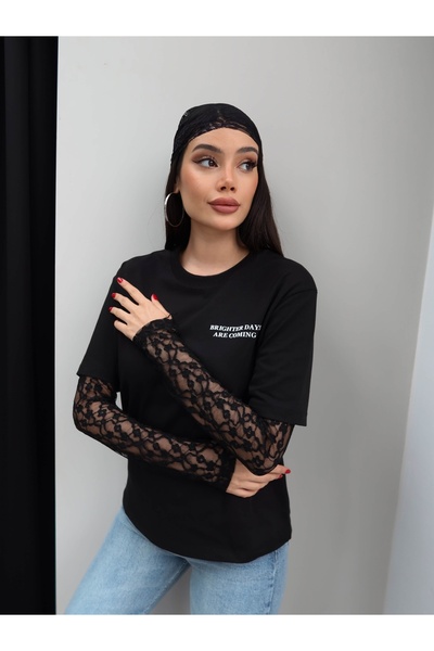 ESRAHELVACI Μπλουζάκι με λαιμόκοψη ποδηλάτου και μανίκια, σετ Δαντέλα τεμαχίων