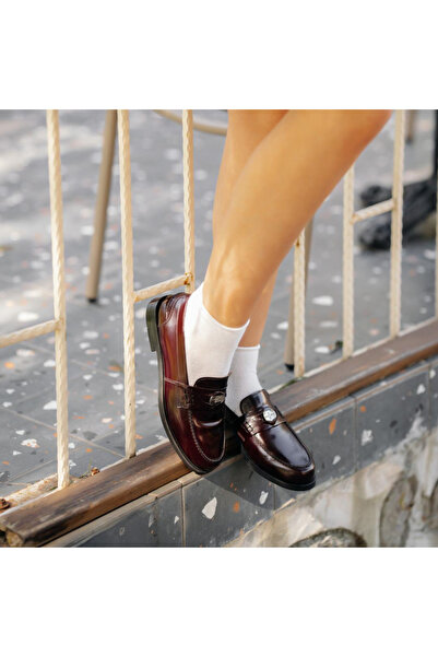 Platin Bordo Deri Kadın Penny Loafer