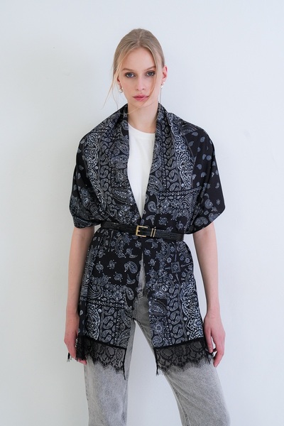 Trend Alaçatı Stili Black Ethnic Patterned Lace Woven Shawl Alc-X15448
