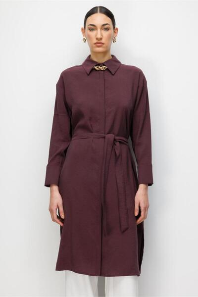 Mizalle Tencel Karışımlı Uzun Mürdüm Rengi Tunik