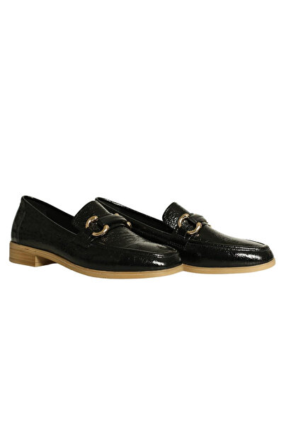 Platin Black Patent Leather Leather Women's Buckled Ballet Flats