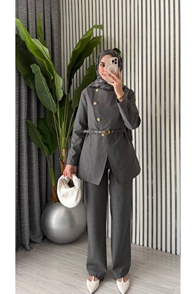 Molly Nelly Γυναικείο χρυσό ασύμμετρο σακάκι με κουμπιά και ζώνη, κομψό σετ