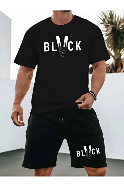 puolikuu Men's Oversized Tracksuit with Shorts - Black Printed T-Shirt - Shorts