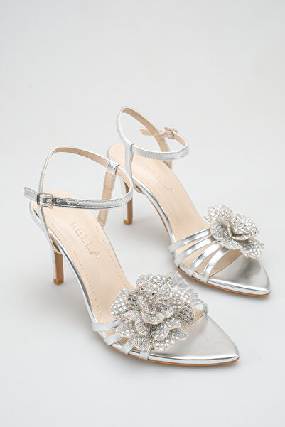 Women's Thin Heeled Evening Sandals with Silver Gemstone Flower Detailed Ankle Tie