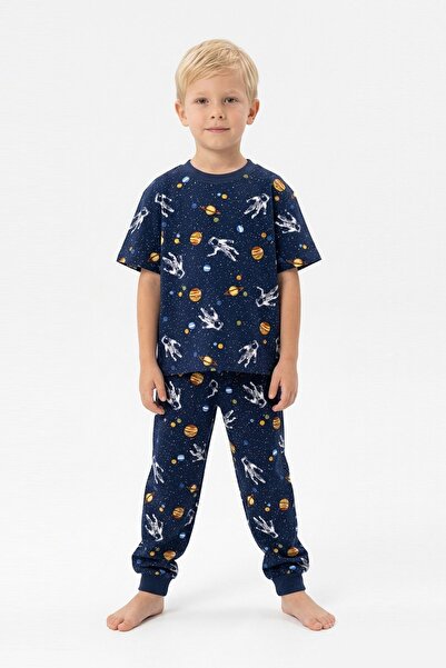 bunny hopp Boys' 100% Cotton Space and Astronaut Patterned Pajama Set - Short...