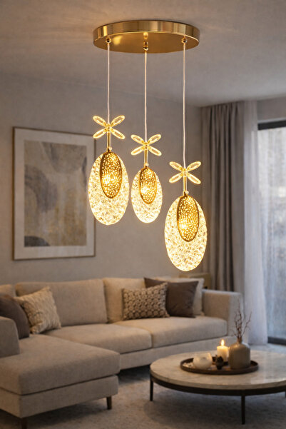 kialed Royal 3 Modlu Gold Kristal LED Avize – Modern Sarkıt Avize
