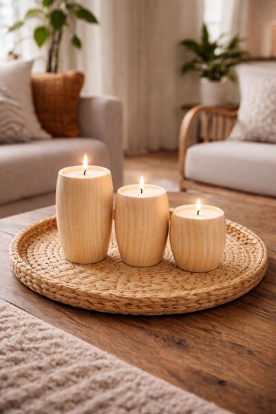 ENYAZA(2024) Doğal Ahşap 3'lü Tealight Mumluk 10-8-6 Cm Modern Tasarım