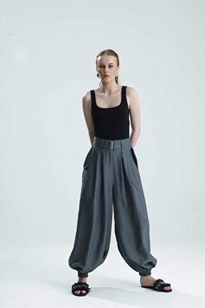 GACA COLLECTION BONİTA Yüksek Bel Tokalı Cepli Şalvar Antrasit Pantolon