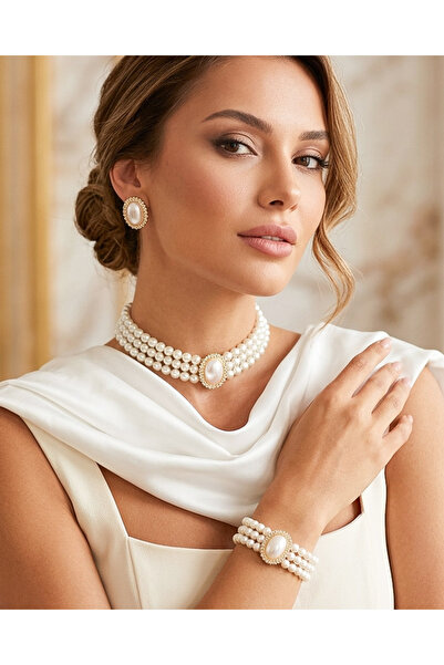 Happyline İncili taşlı gold kaplama inci tasma choker kolye tasarım kolye şık...