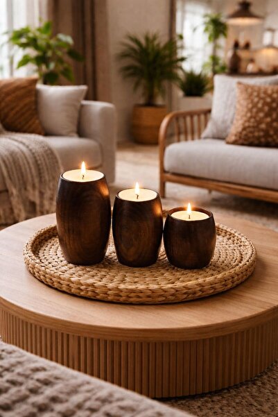 ENYAZA(2024) Doğal Ahşap 3'lü Tealight Mumluk 10-8-6 Cm Modern Tasarım