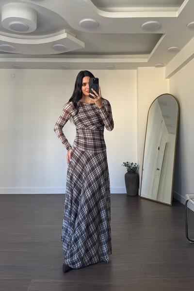 Grtrend Baskılı Bel Drapeli Elbise-Kahve