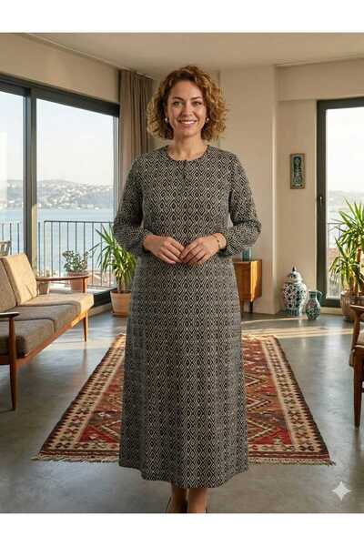 Asel Women's Patterned Plus Size Stretch Fabric Combed Cotton Long Hijab Dress