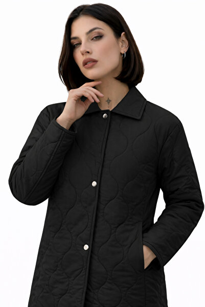 freemen Women's Black Patterned Snap Double Pocketed Oversized Quilted Jacket