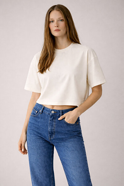 FLAMOVA ΓΥΝΑΙΚΕΙΟ CROP T-Shirt ΥΠΕΡΜΕΓΕΘΗΣ ΕΦΑΡΜΟΓΗ 100% ΒΑΜΒΑΚΙ T-Shirt ΜΕ Σ...