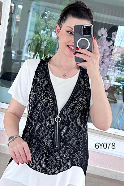İnce Topuk Lace Piece Short Sleeve Zipper Suit 6Y078