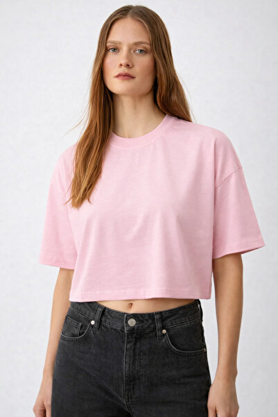 FLAMOVA Women's Cropped T-Shirt Oversize Fit 100% P Cotton Round Neck T-Shirt