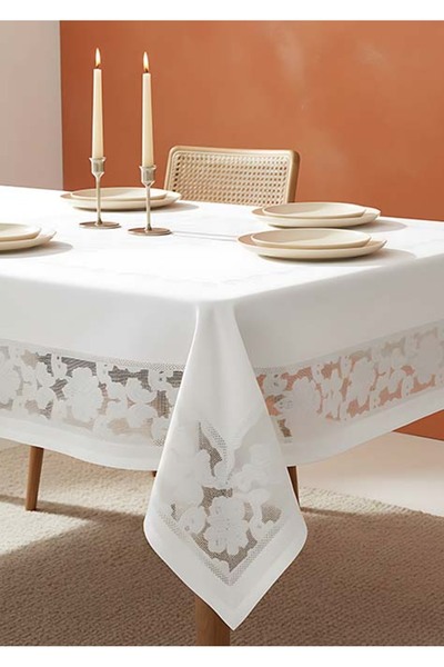 Rivaİstanbul Față de masă Jumbo Jacquard albă, rezistentă la pete, 160x220 cm