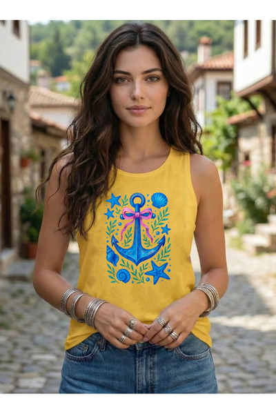 SUNFREE Sea Shell Anchor B Printed Sleeveless Women's Summer U-Neck Strap Tan...