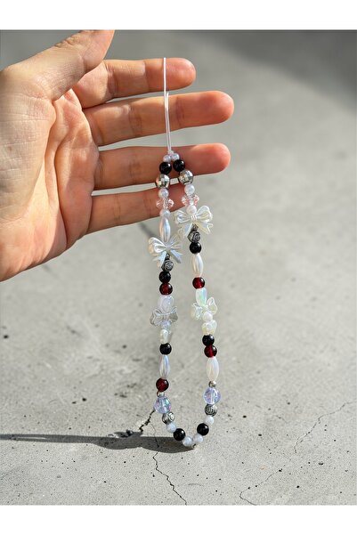 WhimsyWhite Coquette İncili F Bow Detail Phone Charm - Handmade Phone Strap