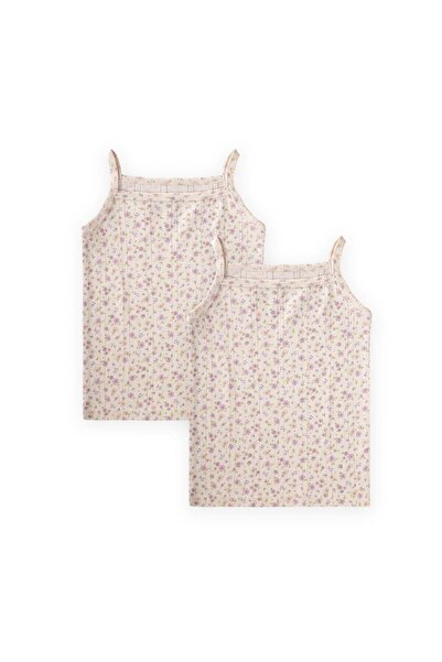 Cigit Double Rope Strap Girls' Undershirt 2-11 Years Old Ecru Lilac Flower Pa...