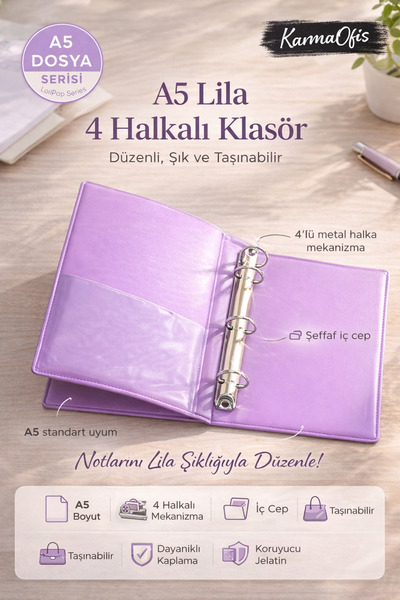 KarmaOfis A5 Lila 4 Halkalı Klasör – Şeffaf İç Cepli Dayanıklı Kaplama A5 Dos...