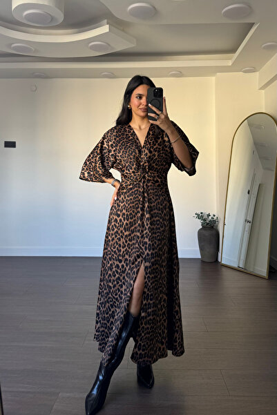 Grtrend Düğüm Detaylı Yırtmaçlı Elbise-Leopar