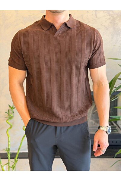 ECARTS Men's Polo Neck Textured Tshirt Bitter Brown Eca065