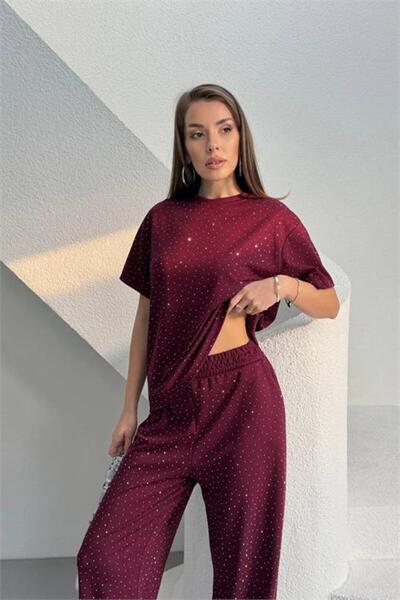 Neşeli Butik Women's Burgundy Stone Detailed Double Basic Set Nbg126