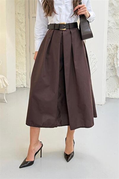Neşeli Butik fustă maro de damă cu pliuri detaliu la curea A croială lungime ...