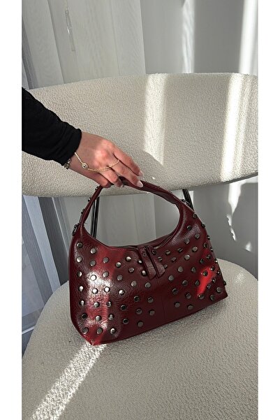 EVVA BAGS Studded Detail Zippered Claret Red Handbag and Shoulder Bag