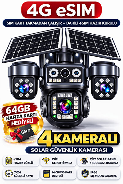 Ecocam 4 Kameralı Güneş Enerjili Güvenlik Kamerası 4G SIM Kartlı Solar Kamera...