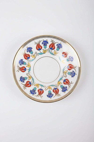 İpek Porselen 6 Kişilik Kırmızı Dik Lale Desen Yaldızlı Çay Tabağı 12cm