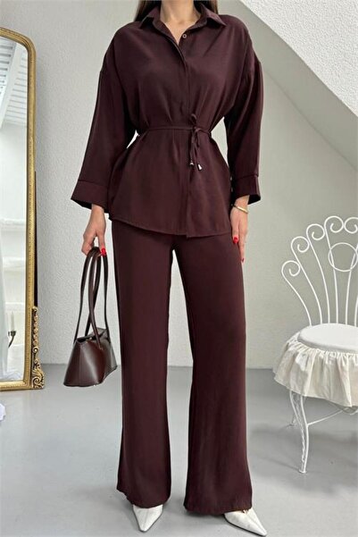 Neşeli Butik Women's Brown Shirt Collar Lacing Detailed Double Set Nbg125