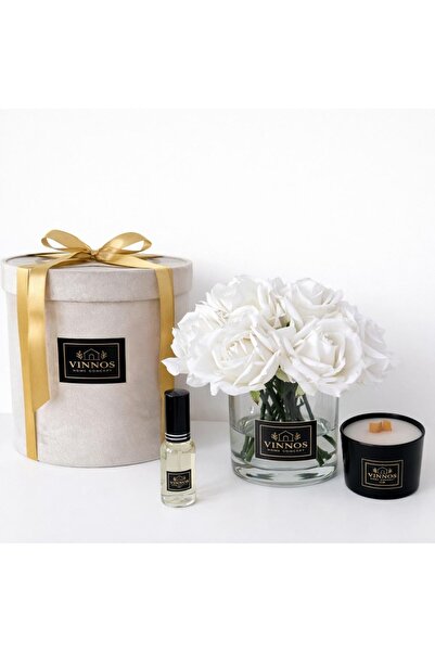 VINNOS HOME CONCEPT Islak Dokulu Yapay Beyaz Gül Vazo, Kokulu Mum, Çiçek Parf...
