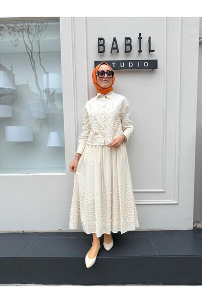 TERZİ DÜKKANI مطرّز طقم تنورة نسائي من ميليسا بتفاصيل مفصلة، لون إكرو