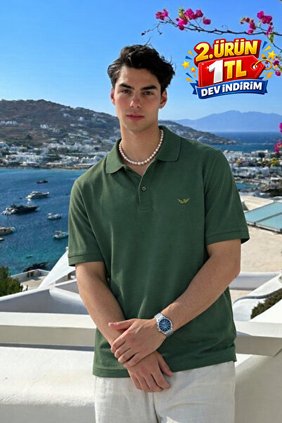 DAMGA JEANS Ανδρικό μπλουζάκι με κοντό μανίκι χακί με λαιμόκοψη πόλο, σε συσκ...