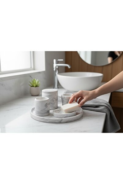 AuraAdore Siyah Mermer Desenli Banyo Seti Yuvarlak