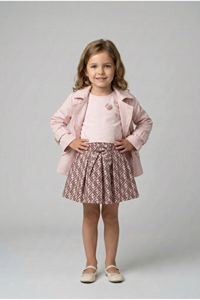 Minipomes Girl's Canvas Trench Skirt and Cropped Body Set Pink