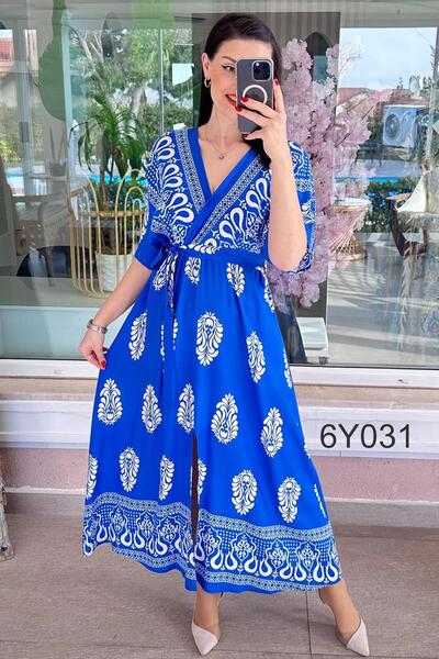 İnce Topuk Φόρεμα βισκόζης με λαιμόκοψη V και δέσιμο στη μέση 6y031