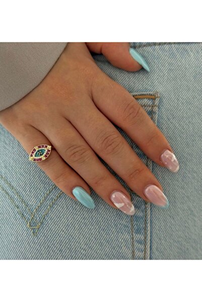 Xui Trend Çelik Taşlı Serçe Parmak Yüzüğü/Eyes Kırmızı Çerçeveli Nazar Boncuklu