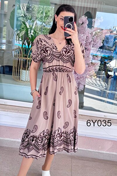 İnce Topuk V-Neck Elastic Waist Viscose Dress 6Y035