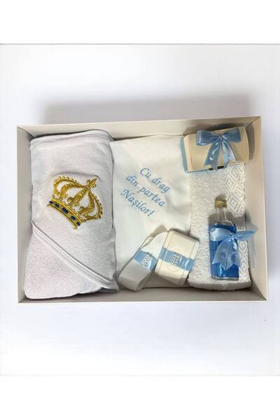 Your Baby Store Trusou botez coroana -blue regal, brodat, 7 piese, bumbac